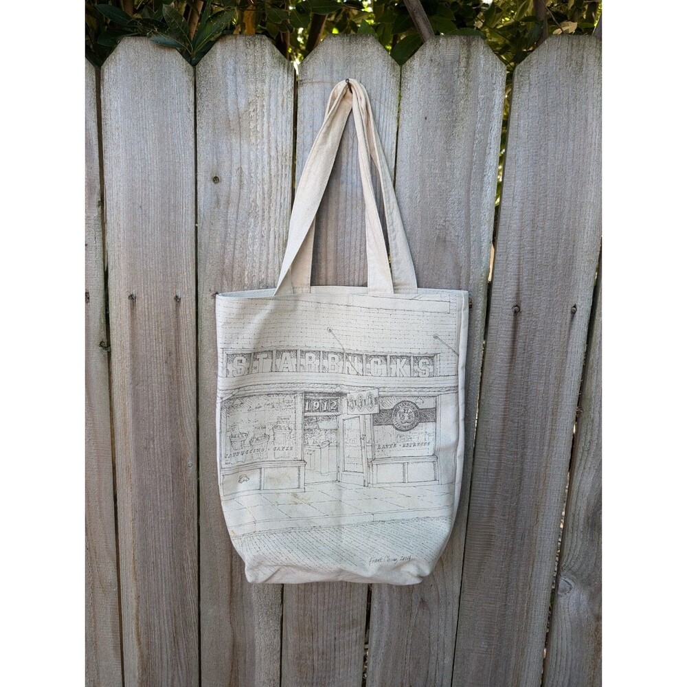 Starbucks Canvas Tote Bag Lined 2014 The First Store by Frank Ching